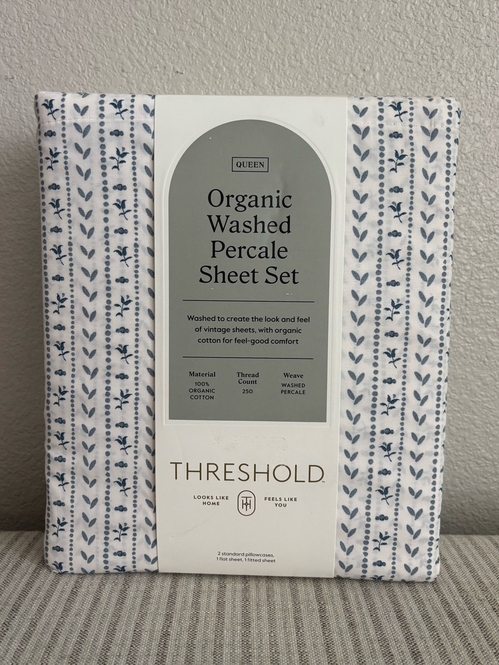 NWT Queen Organic Percale Printed Sheet Set Ivory Floral Stripe - Threshold